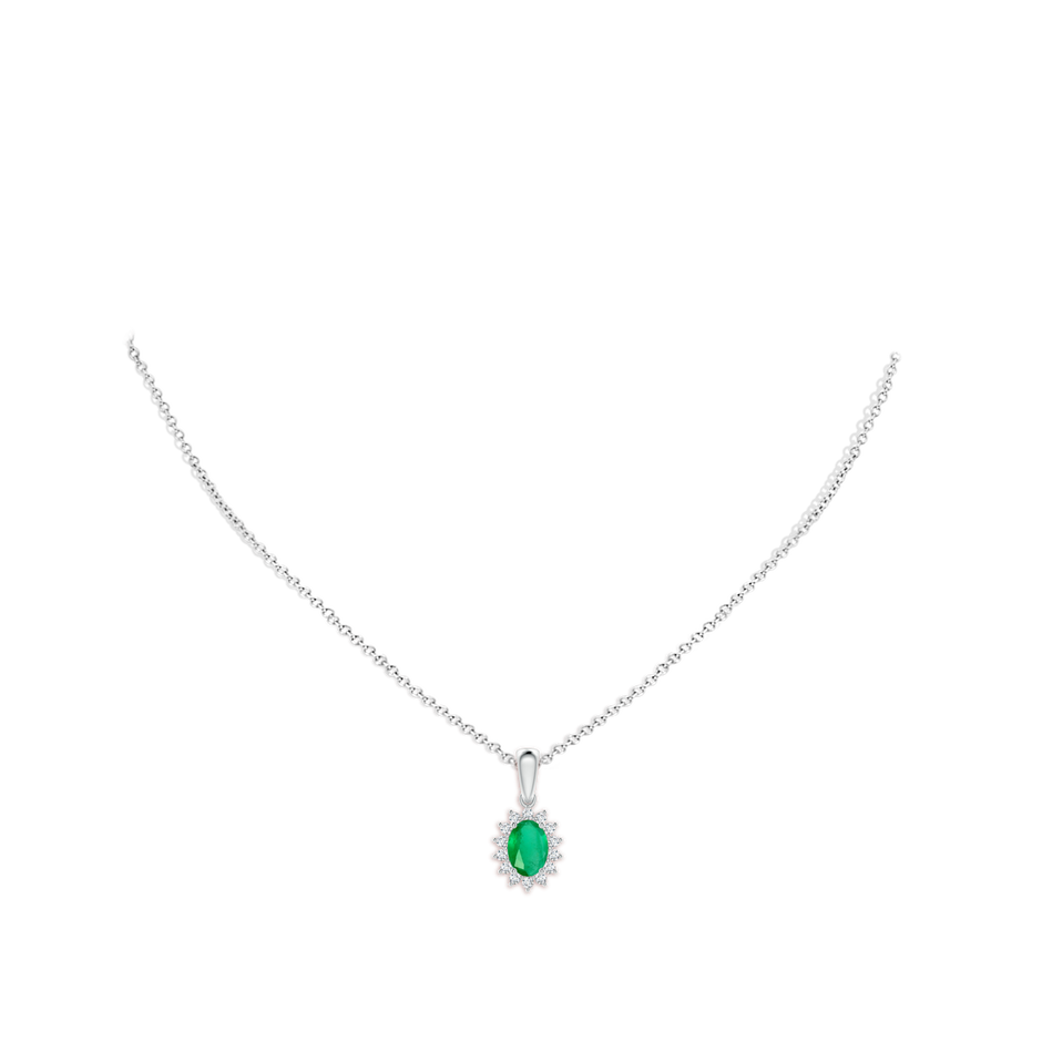 7x5mm A Oval Emerald Pendant with Floral Diamond Halo in White Gold pen