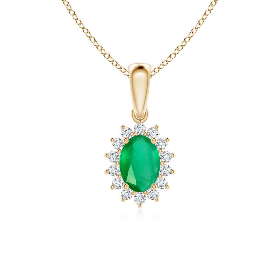 7x5mm A Oval Emerald Pendant with Floral Diamond Halo in Yellow Gold 