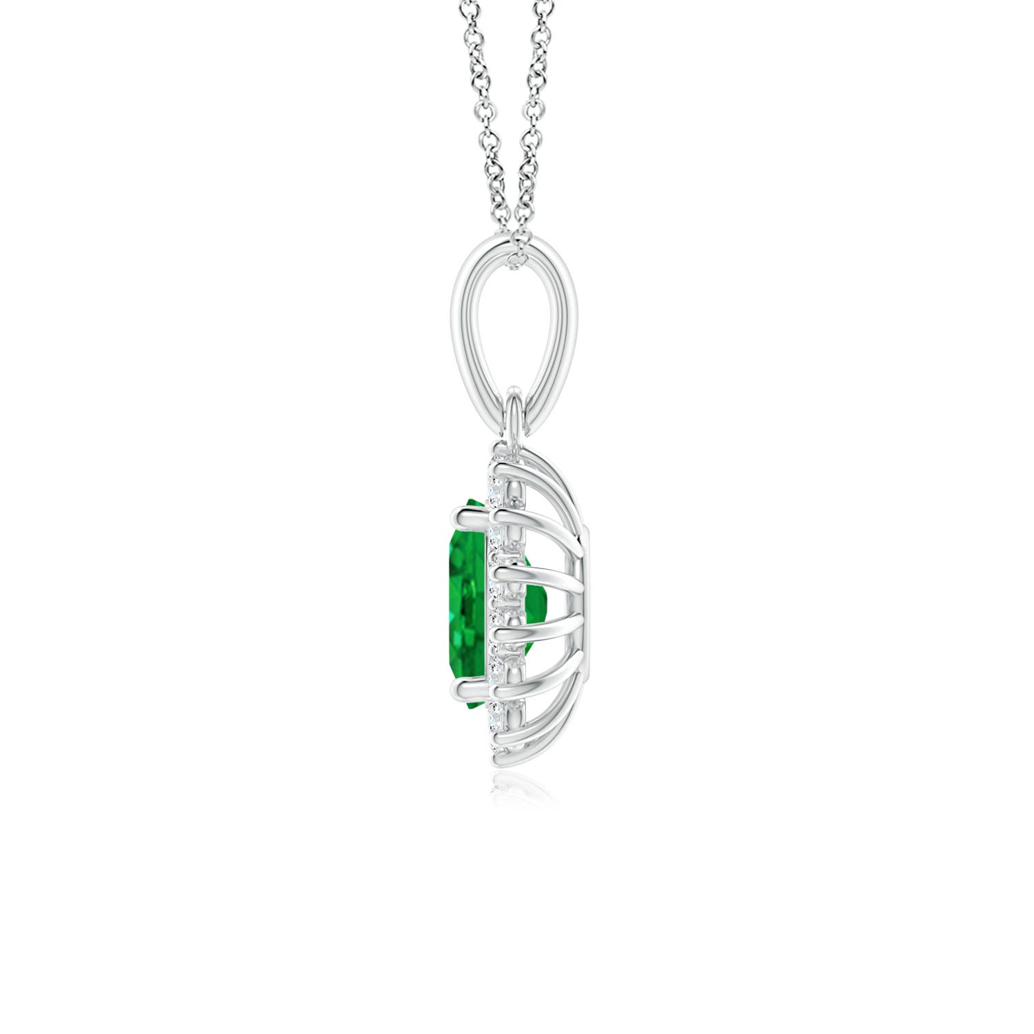 7x5mm AAA Oval Emerald Pendant with Floral Diamond Halo in White Gold