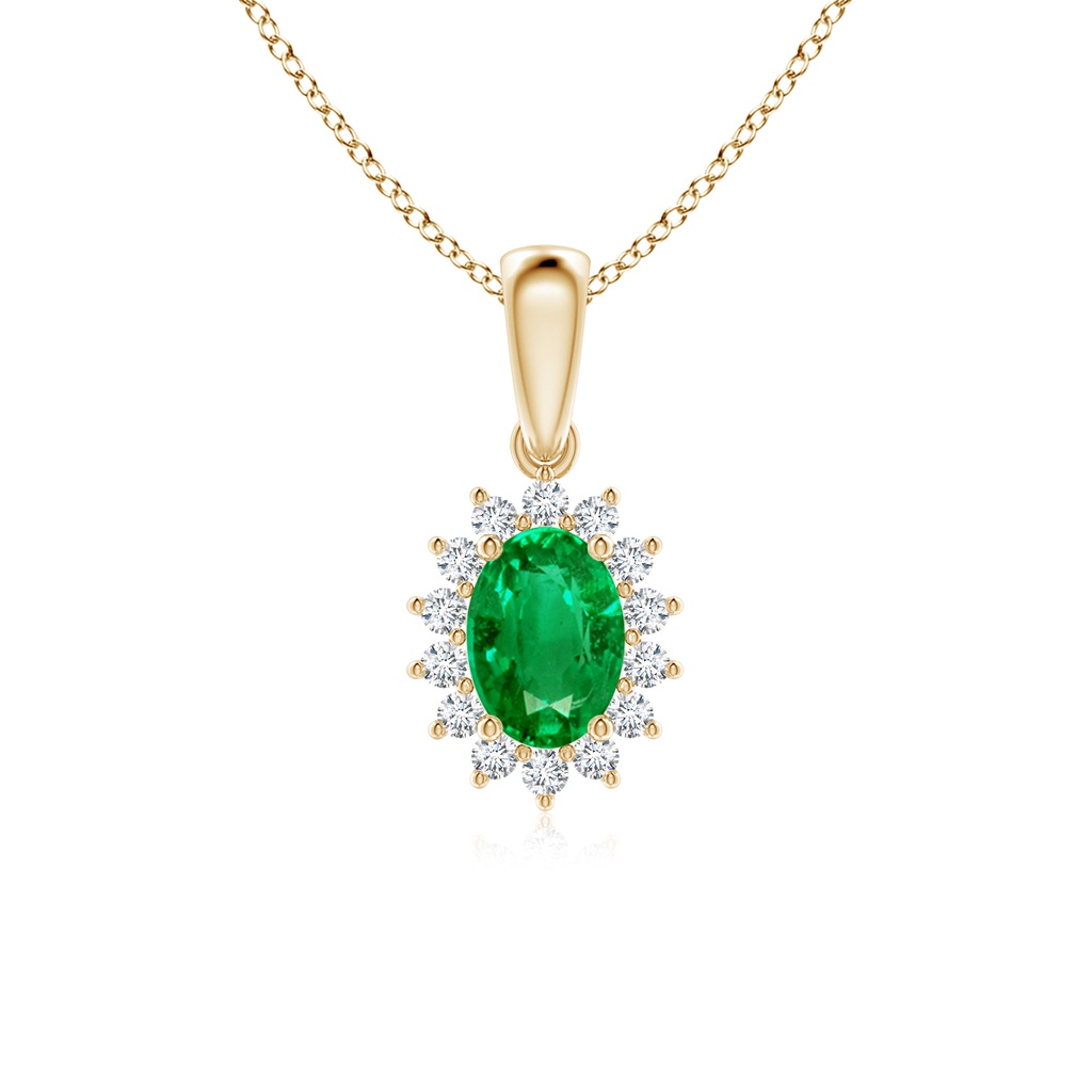 7x5mm AAA Oval Emerald Pendant with Floral Diamond Halo in Yellow Gold