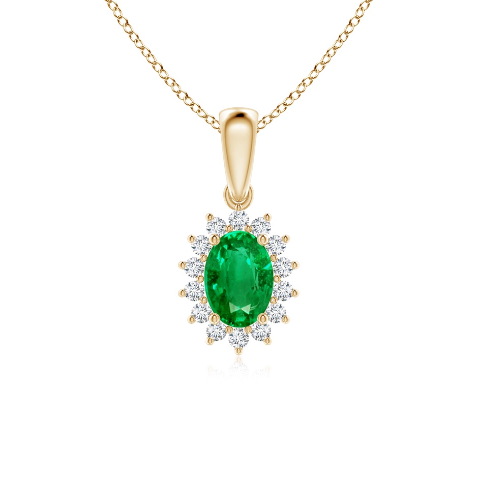 7x5mm AAA Oval Emerald Pendant with Floral Diamond Halo in Yellow Gold 