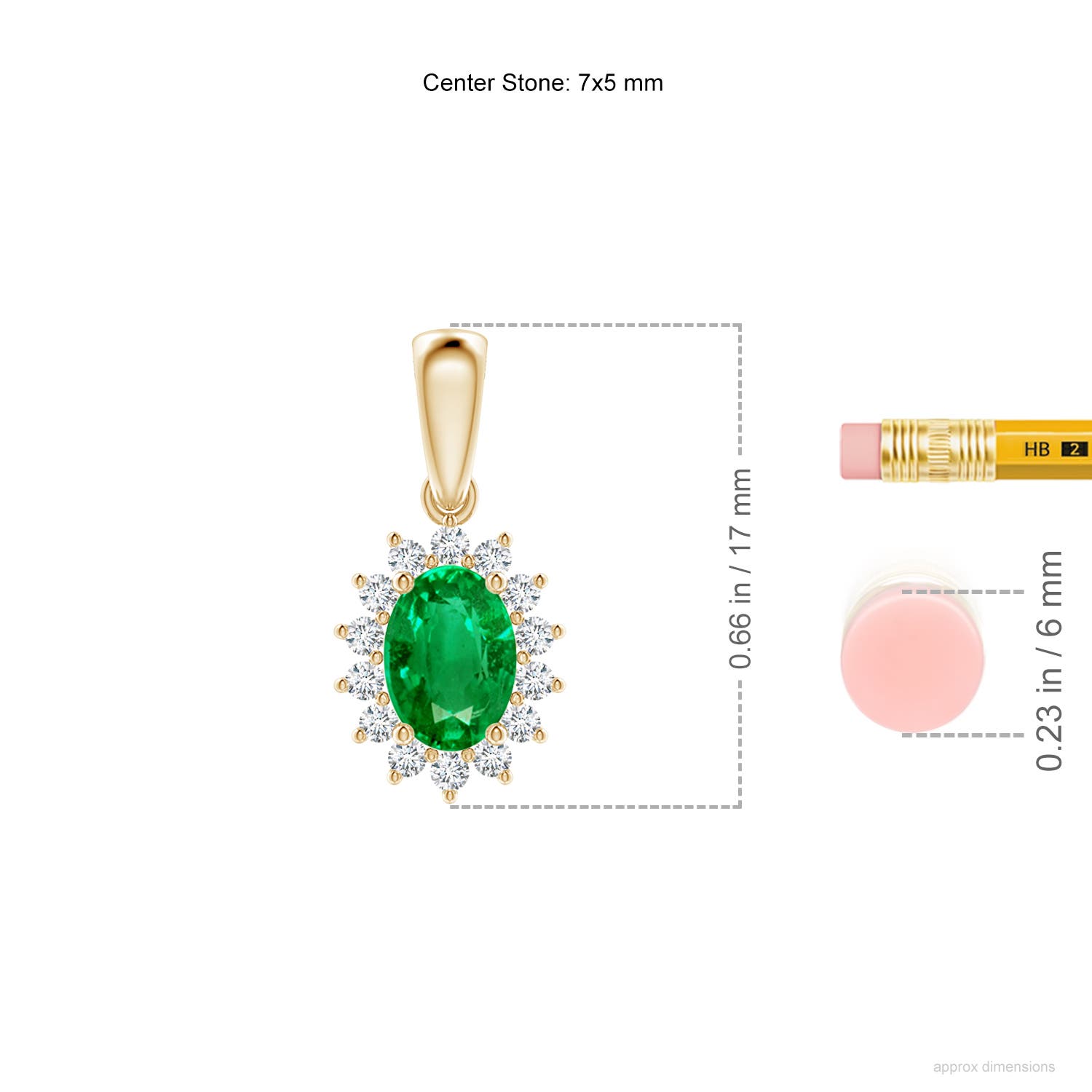 7x5mm AAA Oval Emerald Pendant with Floral Diamond Halo in Yellow Gold - ruler