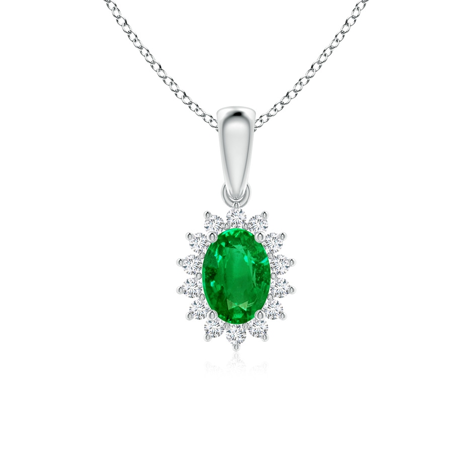 7x5mm AAAA Oval Emerald Pendant with Floral Diamond Halo in White Gold 