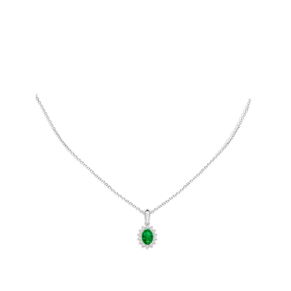 7x5mm AAAA Oval Emerald Pendant with Floral Diamond Halo in White Gold pen