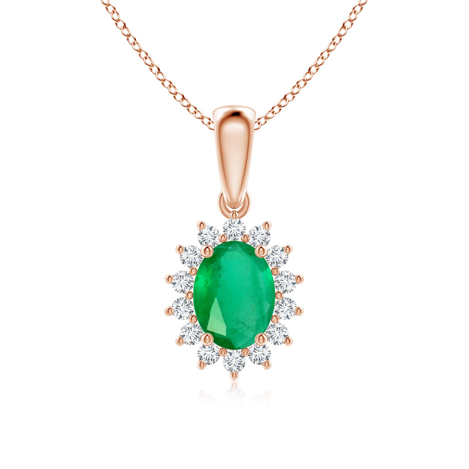 8x6mm A Oval Emerald Pendant with Floral Diamond Halo in Rose Gold