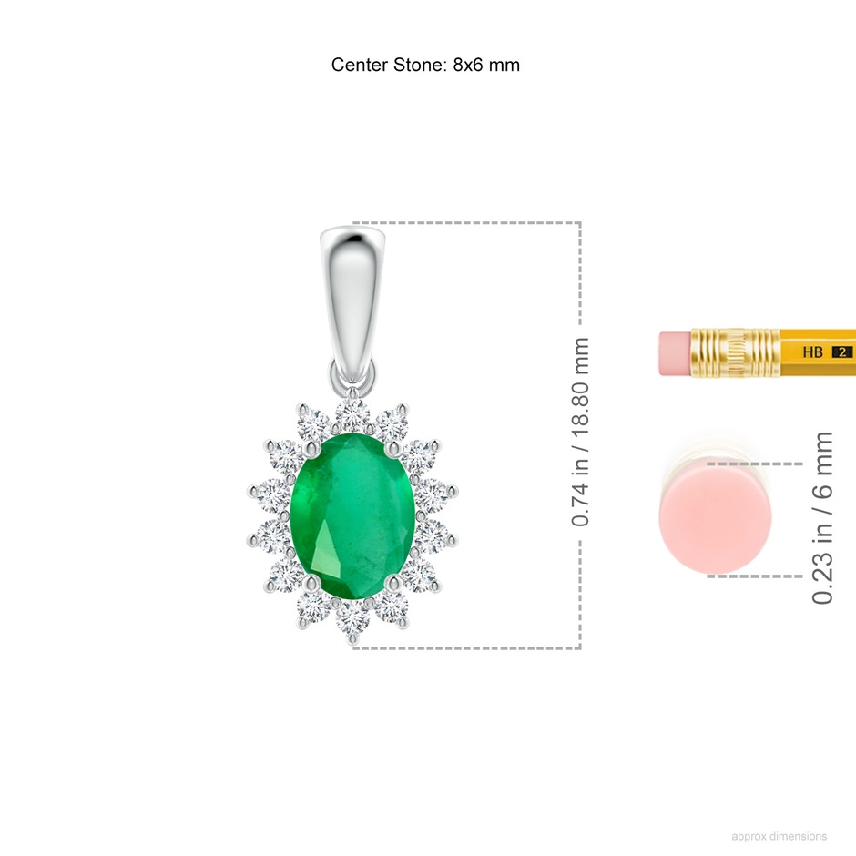 8x6mm A Oval Emerald Pendant with Floral Diamond Halo in White Gold ruler