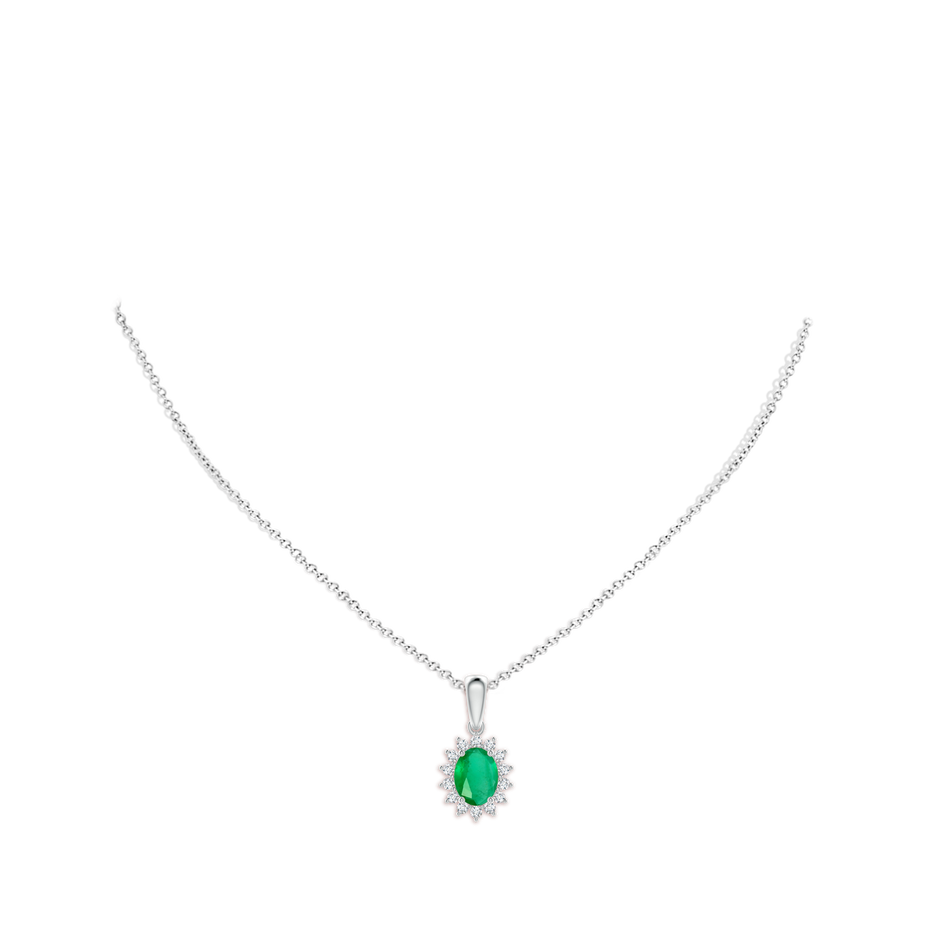 8x6mm A Oval Emerald Pendant with Floral Diamond Halo in White Gold pen