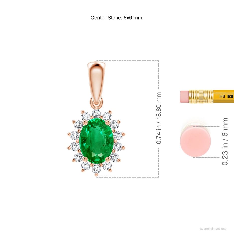 8x6mm AAA Oval Emerald Pendant with Floral Diamond Halo in Rose Gold ruler