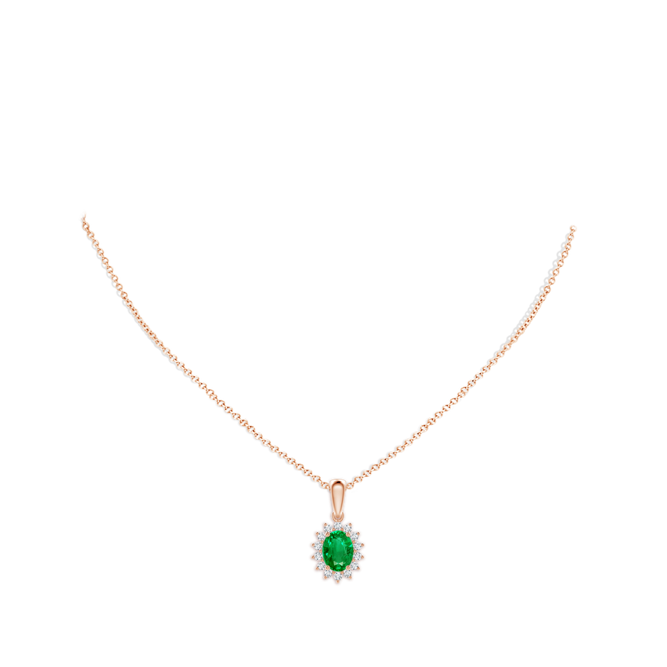 8x6mm AAA Oval Emerald Pendant with Floral Diamond Halo in Rose Gold pen