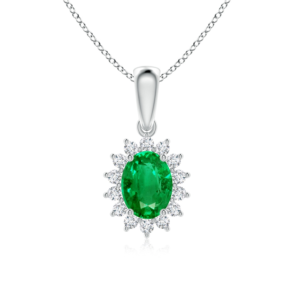 8x6mm AAA Oval Emerald Pendant with Floral Diamond Halo in White Gold