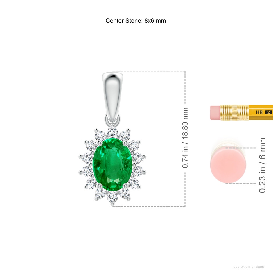 8x6mm AAA Oval Emerald Pendant with Floral Diamond Halo in White Gold ruler