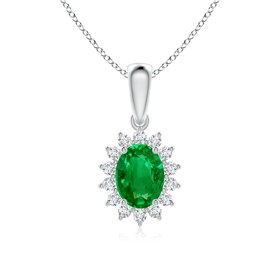 8x6mm AAAA Oval Emerald Pendant with Floral Diamond Halo in P950 Platinum 