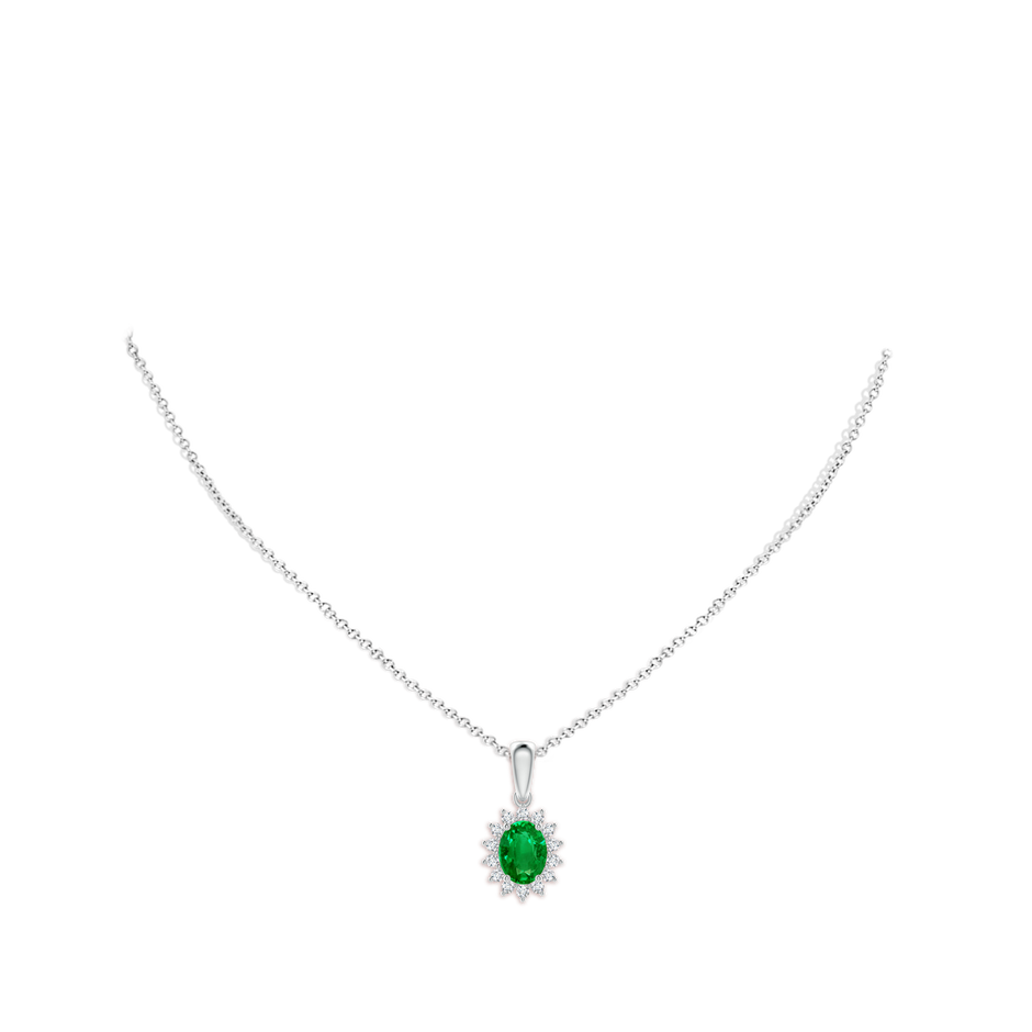 8x6mm AAAA Oval Emerald Pendant with Floral Diamond Halo in P950 Platinum pen