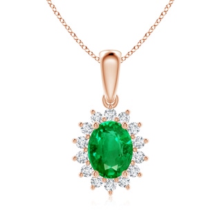 9x7mm AAA Oval Emerald Pendant with Floral Diamond Halo in 10K Rose Gold