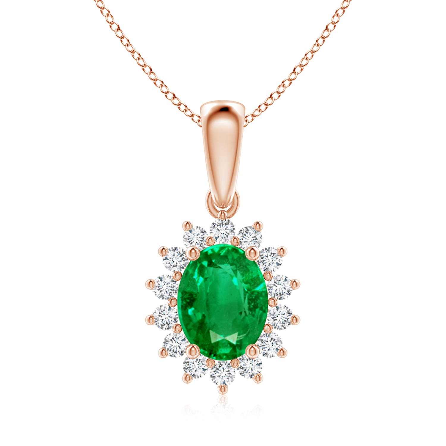 9x7mm AAA Oval Emerald Pendant with Floral Diamond Halo in Rose Gold