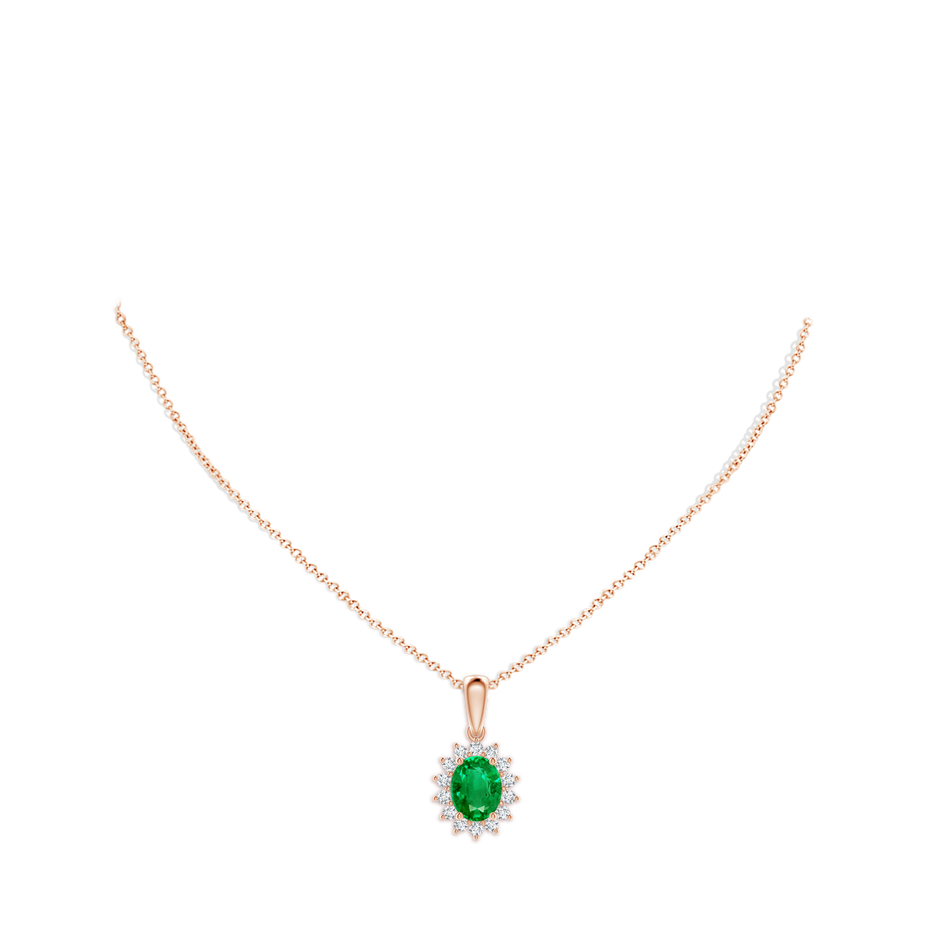 9x7mm AAA Oval Emerald Pendant with Floral Diamond Halo in Rose Gold pen