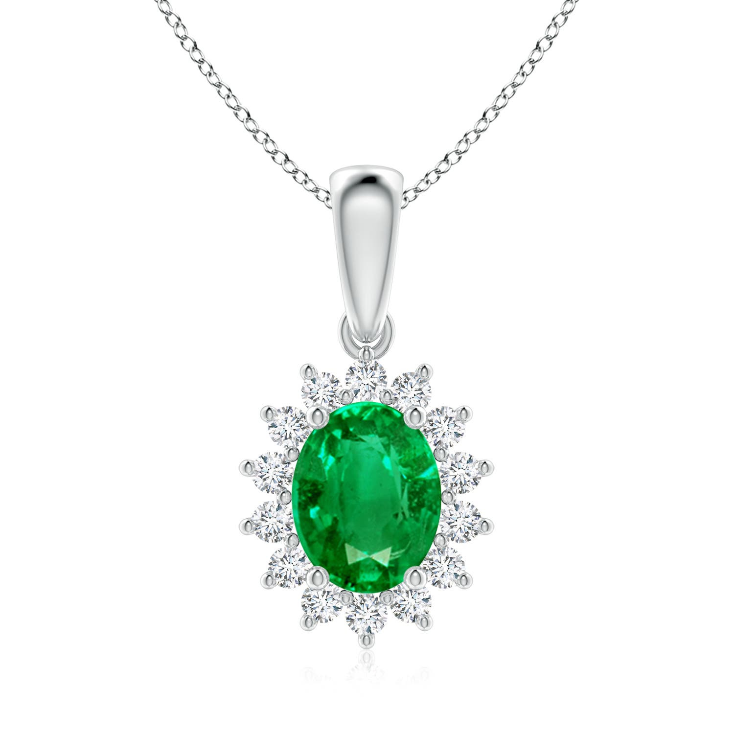 9x7mm AAA Oval Emerald Pendant with Floral Diamond Halo in White Gold