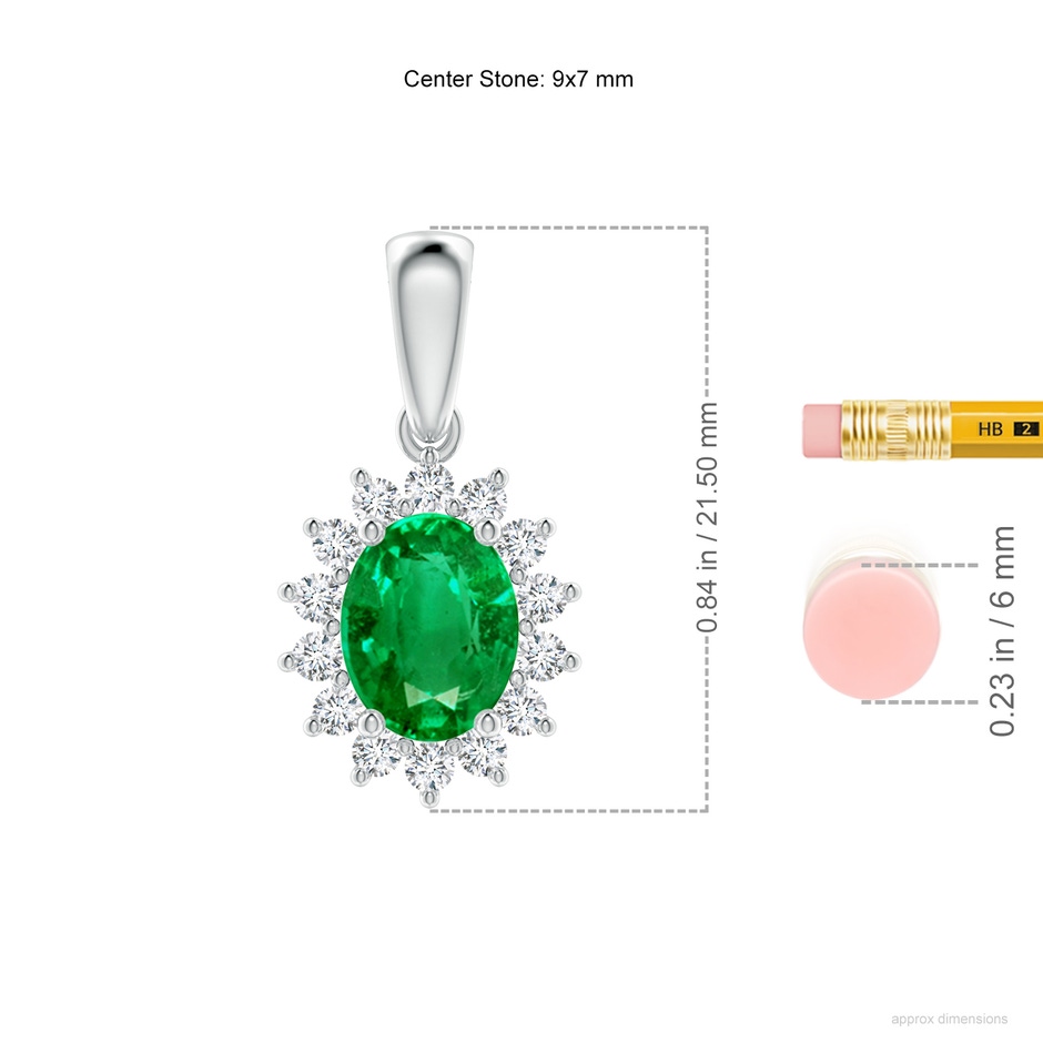 9x7mm AAA Oval Emerald Pendant with Floral Diamond Halo in White Gold ruler