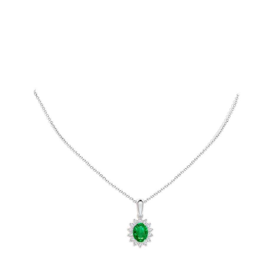 9x7mm AAA Oval Emerald Pendant with Floral Diamond Halo in White Gold pen