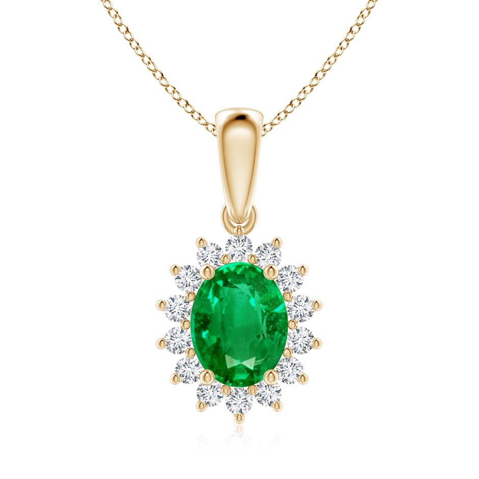 9x7mm AAA Oval Emerald Pendant with Floral Diamond Halo in Yellow Gold 