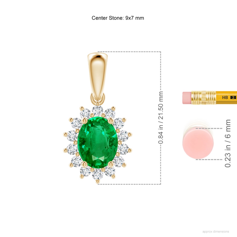9x7mm AAA Oval Emerald Pendant with Floral Diamond Halo in Yellow Gold ruler