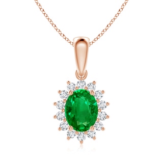 9x7mm AAAA Oval Emerald Pendant with Floral Diamond Halo in 18K Rose Gold