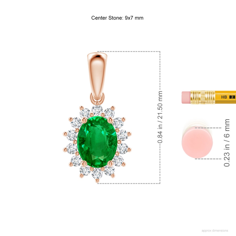 9x7mm AAAA Oval Emerald Pendant with Floral Diamond Halo in 18K Rose Gold ruler