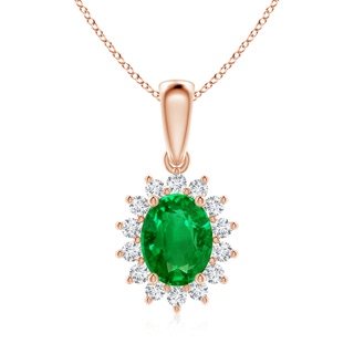 9x7mm AAAA Oval Emerald Pendant with Floral Diamond Halo in 9K Rose Gold