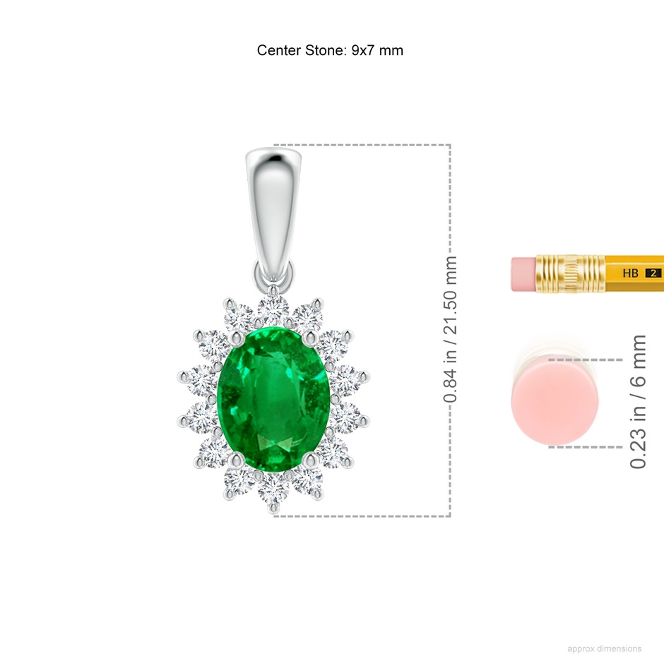 9x7mm AAAA Oval Emerald Pendant with Floral Diamond Halo in P950 Platinum ruler
