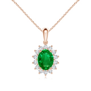 9x7mm AAAA Oval Emerald Pendant with Floral Diamond Halo in Rose Gold