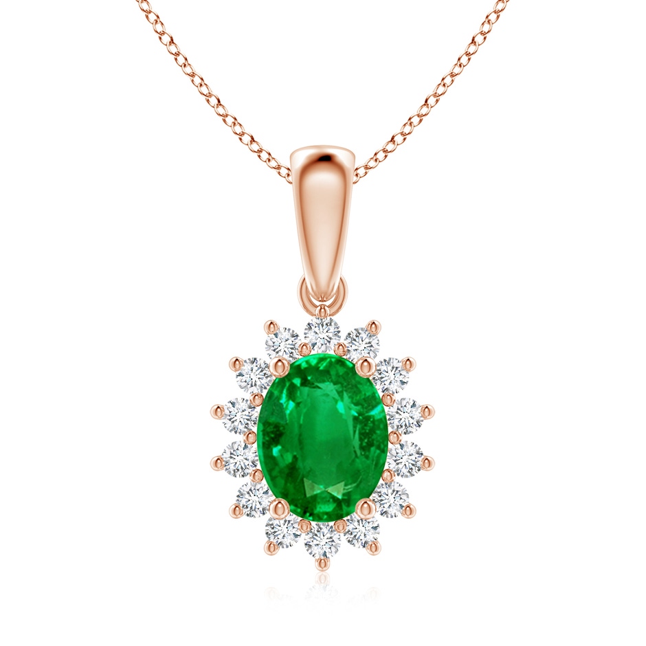 9x7mm AAAA Oval Emerald Pendant with Floral Diamond Halo in Rose Gold 