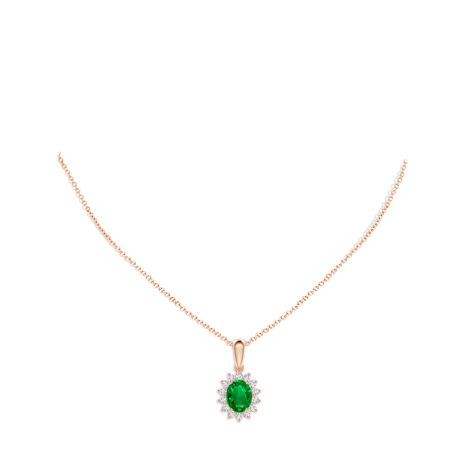 9x7mm AAAA Oval Emerald Pendant with Floral Diamond Halo in Rose Gold pen