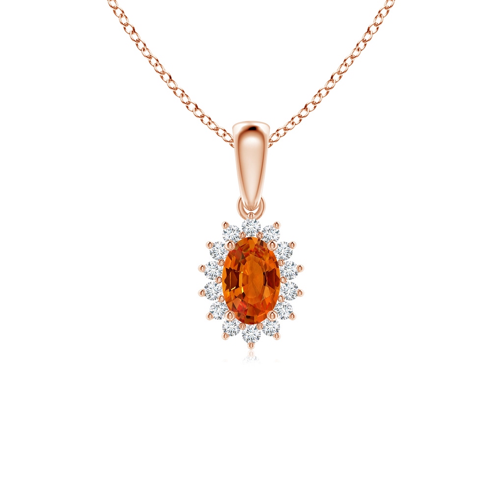 6x4mm AAAA Oval Orange Sapphire Pendant with Floral Diamond Halo in Rose Gold