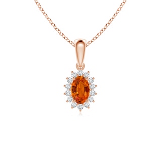 6x4mm AAAA Oval Orange Sapphire Pendant with Floral Diamond Halo in Rose Gold