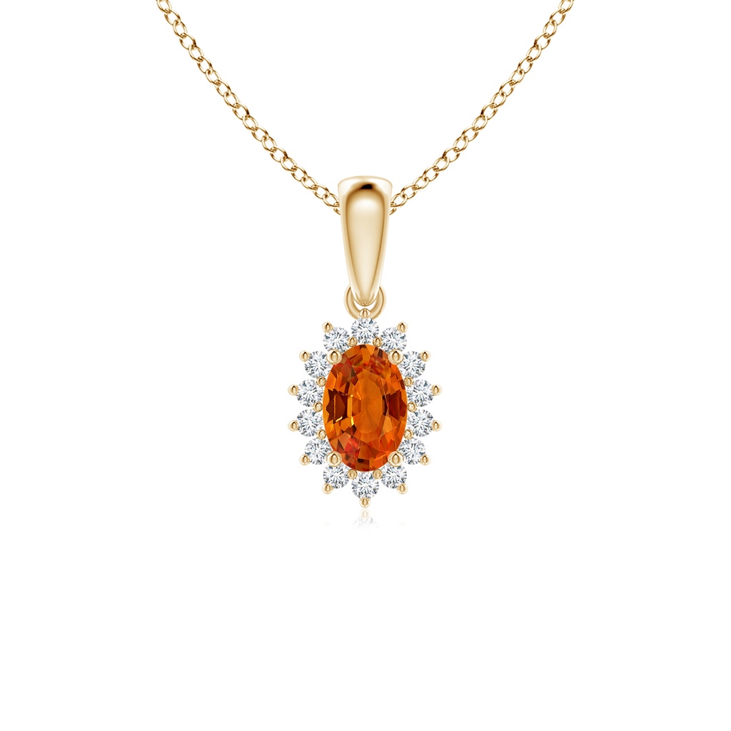 6x4mm AAAA Oval Orange Sapphire Pendant with Floral Diamond Halo in Yellow Gold