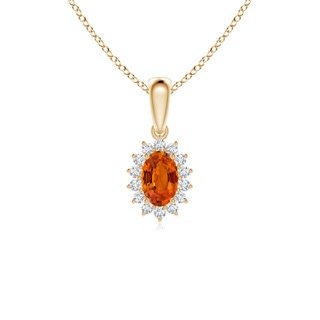 6x4mm AAAA Oval Orange Sapphire Pendant with Floral Diamond Halo in Yellow Gold