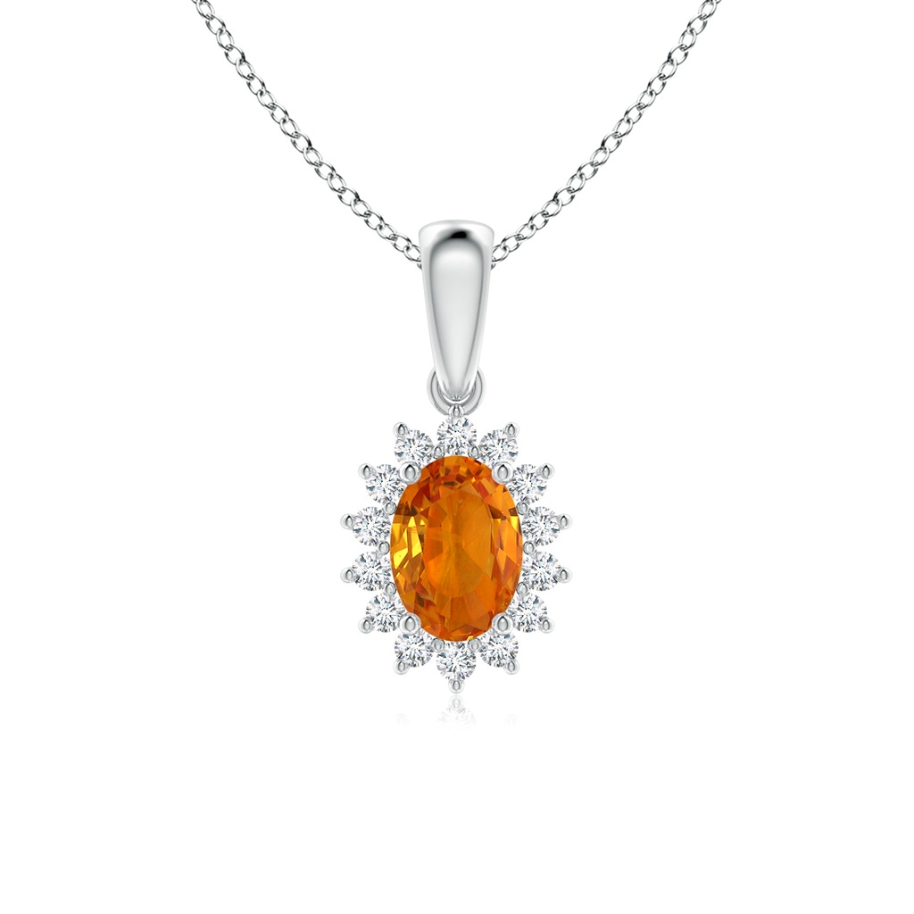 7x5mm AAA Oval Orange Sapphire Pendant with Floral Diamond Halo in White Gold