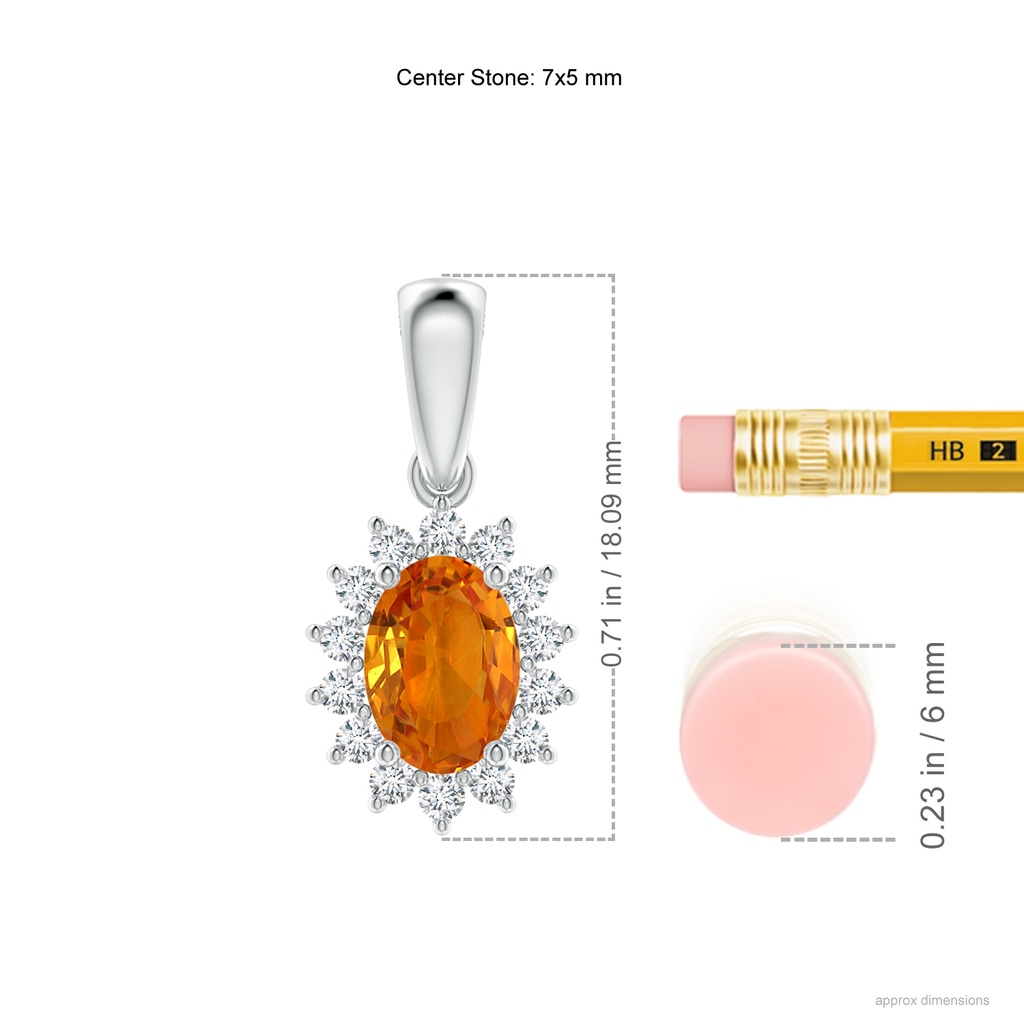 7x5mm AAA Oval Orange Sapphire Pendant with Floral Diamond Halo in White Gold Ruler