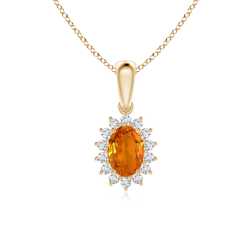 7x5mm AAA Oval Orange Sapphire Pendant with Floral Diamond Halo in Yellow Gold