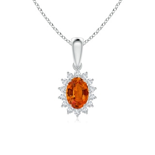 7x5mm AAAA Oval Orange Sapphire Pendant with Floral Diamond Halo in P950 Platinum