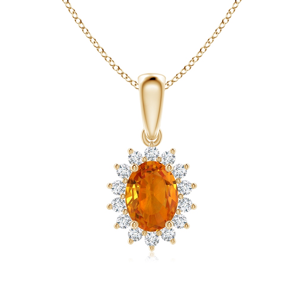 8x6mm AAA Oval Orange Sapphire Pendant with Floral Diamond Halo in Yellow Gold