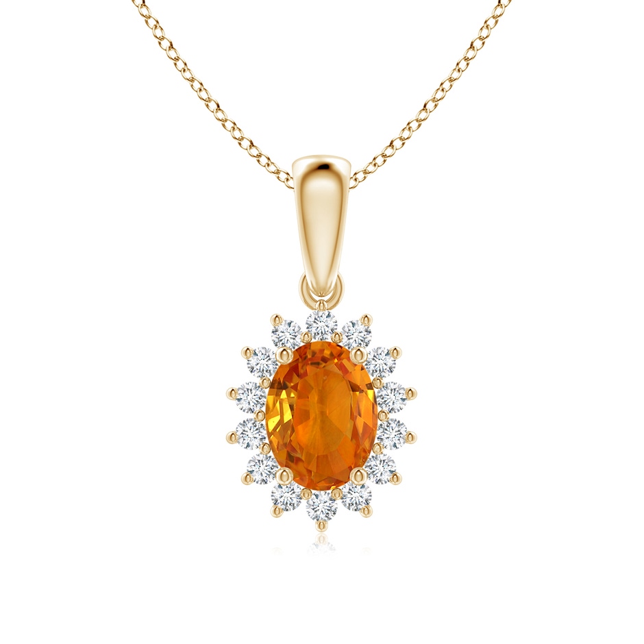 8x6mm AAA Oval Orange Sapphire Pendant with Floral Diamond Halo in Yellow Gold 