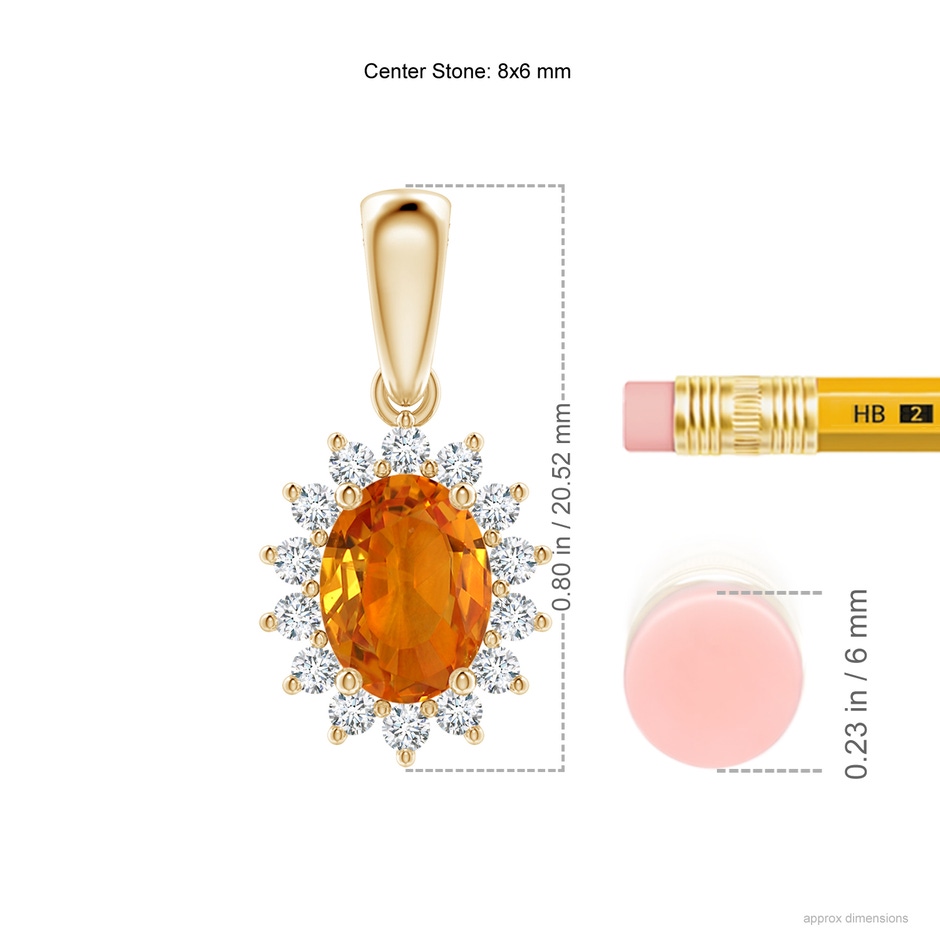 8x6mm AAA Oval Orange Sapphire Pendant with Floral Diamond Halo in Yellow Gold ruler