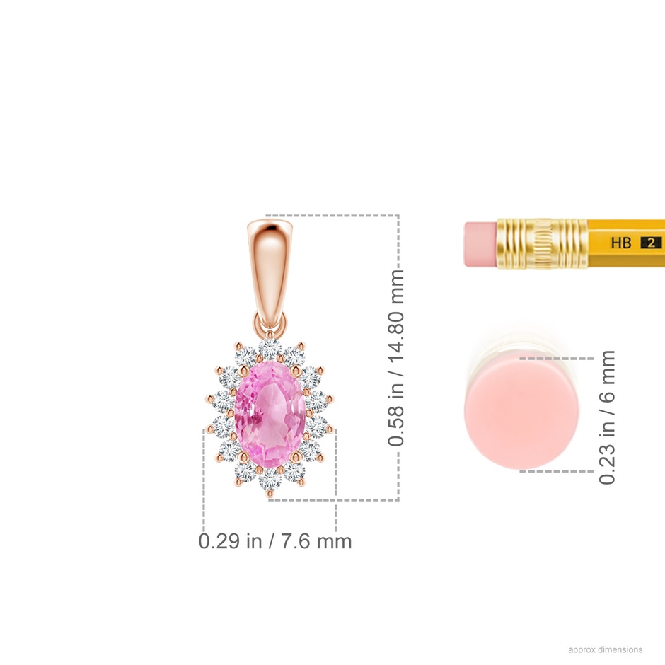 6x4mm A Oval Pink Sapphire Pendant with Floral Diamond Halo in Rose Gold ruler