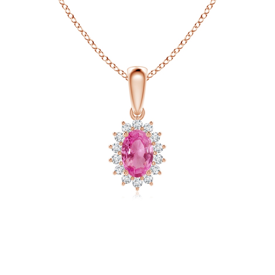 6x4mm AAA Oval Pink Sapphire Pendant with Floral Diamond Halo in 9K Rose Gold 