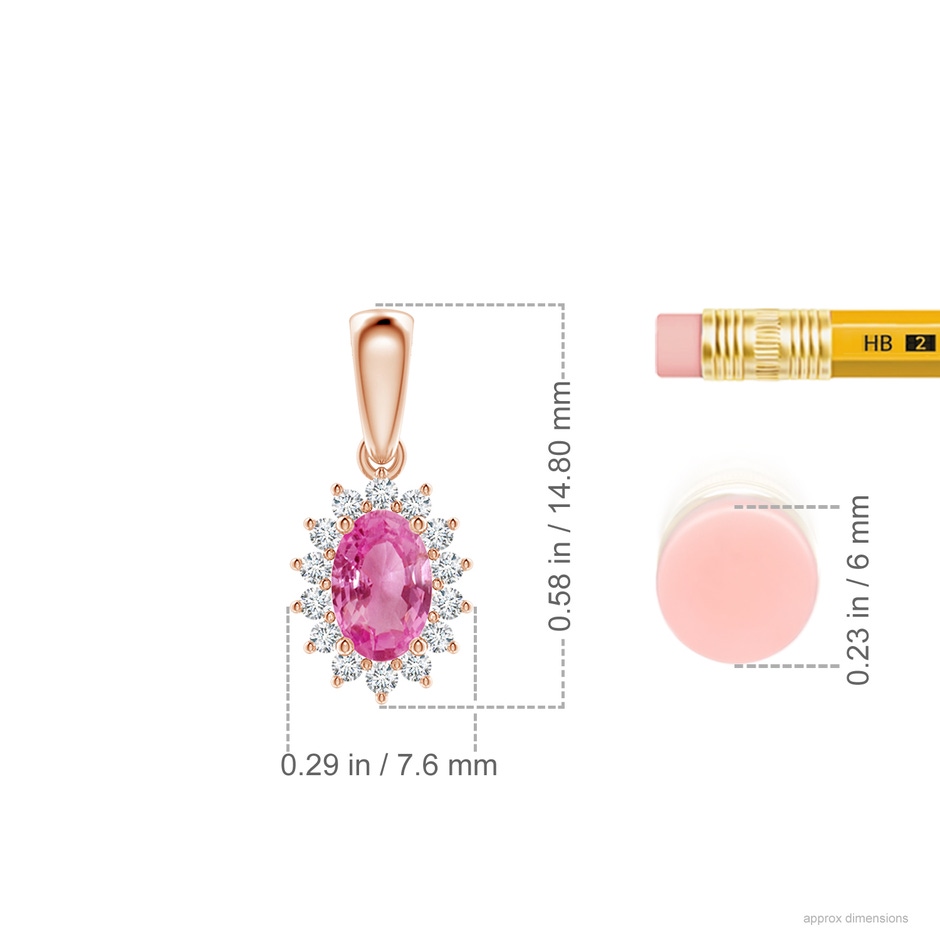 6x4mm AAA Oval Pink Sapphire Pendant with Floral Diamond Halo in 9K Rose Gold ruler