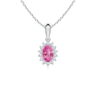 6x4mm AAA Oval Pink Sapphire Pendant with Floral Diamond Halo in 9K White Gold