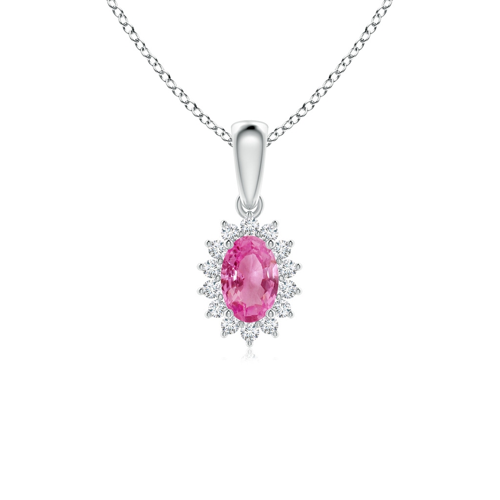 6x4mm AAA Oval Pink Sapphire Pendant with Floral Diamond Halo in White Gold 
