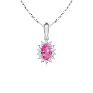 6x4mm AAA Oval Pink Sapphire Pendant with Floral Diamond Halo in White Gold