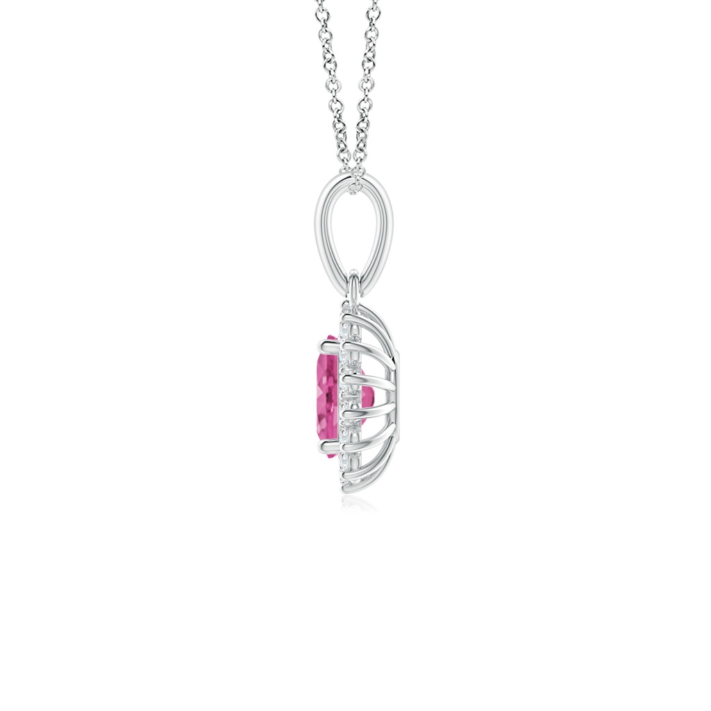 6x4mm AAA Oval Pink Sapphire Pendant with Floral Diamond Halo in White Gold Side 1